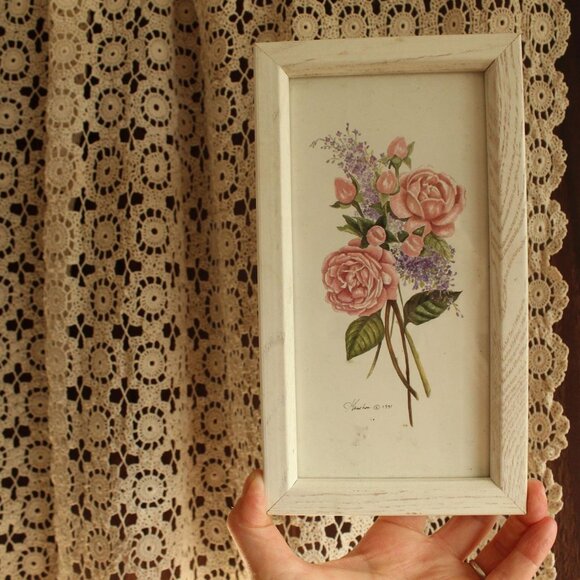 Vintage 1990s Botanical Print, Framed Pink Rose Flower Wall Art in White Frame - Picture 12 of 12